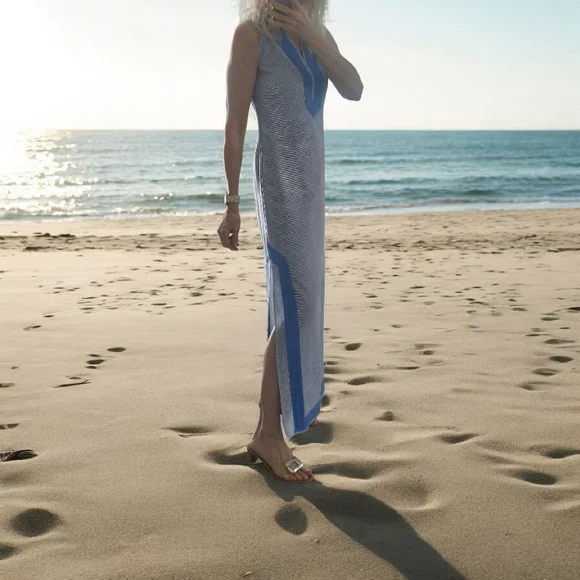 STS SAIL TO SABLE Column Notch Collar Sleeveless Maxi Dress Blue White Striped - Picture 2 of 15